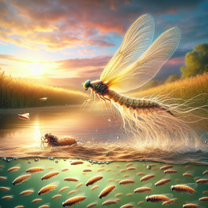 La imagen debe ser una representación potente y fotorealista de la vida fugaz pero significativa de los insectos de vida corta. El foco principal de la imagen será un mayfly, conocido por tener una de las biologías más cortas, se le muestra en un vuelo apresurado hacia su pareja para reproducirse. La efímera belleza y urgencia de su breve existencia, simbolizada por sus alas que parecen brillar bajo el reflejo de la luz, lo convierten en una obra maestra efímera de la naturaleza. Al fondo, se puede ver la salida o la puesta del sol, representando la corta vida que lleva. El enfoque del otro lado de la imagen podría ser un grupo de estos insectos recién nacidos, listos para comenzar su propio viaje efímero, simbolizando así el ciclo de la vida a pesar de su efímera existencia. El ambiente de fondo puede ser un hermoso campo o una orilla de un río, el hogar natural de estos insectos. La imagen debería transmitir un sentimiento de la fugacidad de la vida y la persistencia a pesar de las adversidades.