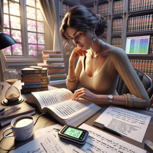 La imagen fotorealista podría presentar a una mujer sentada en un ambiente tranquilo y bien iluminado, posiblemente una biblioteca o una oficina en casa. Ella tiene un libro abierto de idiomas frente a ella, con palabras y frases en un idioma extranjero claramente visibles. En un lado tiene una taza de café y en el otro, una hoja de papel y un bolígrafo para tomar notas. El libro de idiomas, en particular, podría mostrar una técnica de repetición rápida, tal vez una serie de palabras subrayadas o marcadas en colores diferentes para indicar su frecuencia de uso en el texto. Al lado de la mujer, también podríamos ver un temporizador digital o un reloj de arena pequeño, reflejando la idea de la "rápida" repetición. Podríamos incluso ver que las palabras destacadas en el libro se reflejan en la hoja de papel, indicando que la mujer está activamente practicando la técnica de repetición rápida. Su expresión es de concentración pero su postura es relajada, sugiriendo que, aunque el proceso exige atención, no es un esfuerzo fatigoso. En el fondo, se pueden apreciar estanterías con varios libros, dándole un contexto educativo y académico a la imagen. Este es un lugar de aprendizaje, un entorno propicio para la adquisición de nuevas habilidades, especialmente habilidades de idiomas. La imagen debería ser colores cálidos y atractivos para transmitir un concepto positivo y optimista del aprendizaje de idiomas.