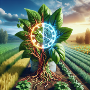 La imagen debe mostrar una planta en un estado saludable y frondoso, con un representación simbólica de un reloj incrustado en su tronco o hojas, indicando el concepto de un "reloj biológico". La escena puede mostrar un contraste entre la parte de la planta que está alineada con el reloj biológico y una parte que no lo está, la primera florece sana y vibrante, mientras que la segunda parece marchita o menos saludable. Se puede incluir en el fondo una granja o un campo de cultivo para representar el componente de agricultura mencionado en el título y cuán beneficioso puede ser para los cultivos al entender y gestionar los ritmos circadianos de las plantas. Asegúrese de que la imagen transmita la precisión y la importancia de los relojes biológicos en las plantas.