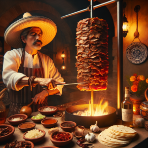 Diseña una imagen que muestre una escena en una cocina auténtica mexicana donde se estén haciendo tacos al pastor. En el centro, sitúa un trompo de carne de pastor girando verticalmente sobre un fuego, con finas capas de carne asándose hasta obtener un tono dorado. El chef, vestido con un tradicional traje de cocinero mexicano, debe estar cortando hábilmente la carne asada en delgadas lonchas directamente sobre una tortilla abierta en su otra mano. Uno de los detalles más importantes debe ser la iluminación cálida de la escena, dando esa aura acogedora de las cocinas domésticas. Los ingredientes para la marinada, como chiles secos, ajo, piña y especias, deben estar cuidadosamente dispuestos sobre la encimera, indicando que la receta es elaborada desde cero. Asegúrate de incluir en la imagen elementos relacionados con la cultura mexicana, como talavera, tequila o flores de cempasúchil, para evocar ese sentimiento de autenticidad y tradición. El resultado final es una imagen que, solo con verla, haga que las personas se sientan como en el corazón de México, listas para disfrutar de unos auténticos tacos al pastor.