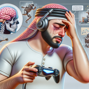 En la imagen se verá un jugador de videojuegos de realidad virtual experimentando mareos. Su cara estará visiblemente afectada por el malestar causado por la experiencia de VR, sus ojos cerrados, cara pálida y sudada con una mano sobre su frente como si estuviera sintiendo un mareo intenso. También se incluirá un controlador de VR y un casco virtual tirados en el suelo, declarando que no puede seguir jugando debido a su malestar. En la esquina de la imagen habrá una ilustración cerebral en la que se destaca el cerebro procesando el movimiento virtual. Para hacerlo más educativo e informativo, se puede agregar una pequeña infografía en el lado que explique los efectos de la cinetosis en la realidad virtual. A la imagen se le aplicará un enfoque fotorealista con colores precisos, iluminación realista y texturas detalladas para asegurar que la imagen transmita eficazmente la situación del título.
