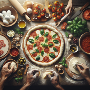 Como diseñador de AI, necesito que crees una imagen fotorealista que represente el proceso de hacer una pizza napolitana casera. La imagen debería incluir una cocina doméstica ambientada, ingredientes frescos típicos de una pizza napolitana como masa delgada, salsa de tomate fresca, queso mozzarella y albahaca fresca o aceitunas repartidos sobre una mesa de madera. En el centro, coloca una pizza napolitana casi listo para hornear. Por favor, incluye manos humanas para dar la impresión de que la pizza se está preparando en este momento. Asegúrate de que la imagen tiene aspecto casero, caluroso y acogedor para transmitir la sensación de comodidad de cocinar una pizza en casa. La claridad y el realismo son claves para que la imagen sea creíble.