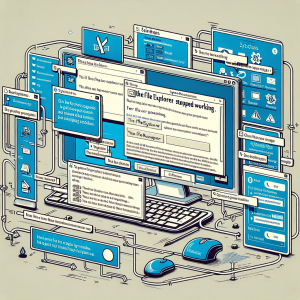La imagen será una captura de pantalla de una computadora de escritorio en la cual se muestra un error en el Explorador de archivos de Windows. En la pantalla se puede ver un mensaje de error que dice "El Explorador de archivos ha dejado de funcionar". Además, se pueden ver algunas ventanas de diálogo del sistema que sugieren pasos para solucionar el problema, como "Reiniciar el Explorador", "Comprobar la presencia de actualizaciones del sistema", "Ejecutar el diagnóstico de problemas de Windows", entre otros. Para reforzar la idea, se puede incluir una sección de un artículo de soporte de Microsoft que explica los pasos a seguir para solucionar el problema presentado. Todo el conjunto estará rodeado por una guía de reparación visual, con números que indican el orden de las acciones a realizar, resaltados en una cinta de opciones semi-transparente que rodea las ilustraciones del proceso de solución.