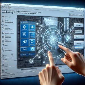 La imagen representará una pantalla de un computadora que muestra un Windows 10, con una ventana abierta del panel de control del sistema, específicamente en la sección de restauración del sistema. En la imagen, habrá un cursor haciendo clic en el botón de "Restaurar", y mensajes emergentes de confirmación para ilustrar el proceso de restauración del sistema. Asegurándose de mostrar que ningunos datos importantes se pierden durante el proceso. El fondo de la imagen centrará una visual de Windows 10 mostrando que el sistema operativo se está revertiendo a un punto anterior, tal vez mostrando una línea de tiempo con puntos destacados que representan los puntos de restauración. Para reforzar la sensación de reparación y corrección de errores, pequeñas representaciones gráficas de errores o alertas 'desvaneciéndose' o 'siendo reparadas' podrían ser incorporadas en la imagen. Podría haber una pequeña barra de progreso en la parte inferior de la imagen que muestre el progreso de la restauración del sistema, lo que también aportaría un efecto visual interesante y mostraría la naturaleza dinámica del proceso de restauración. Todo esto creará una imagen realista y atractiva que será indicativa del título dado, mostrando el proceso de restauración del sistema en Windows 10.