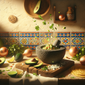 Como asistente de IA, en este caso te sugiero que podríamos representar una imagen de una cocina mexicana tradicional en blanco y hueso, con cenefa de azulejos típicos mexicanos brillantes en colores vivos. En primer plano, una tabla de madera con un par de aguacates maduros cortados por la mitad, una rama de cilantro y un limón cortado por la mitad, a un lado un molcajete de piedra con el guacamole recién preparado. Al fondo se podrían ubicar otros ingredientes, como cebolla y tomate, así como unas tortillas de maíz doradas que servirán para disfrutar del guacamole. En el aire flotan pequeñas picaduras de ingredientes que caen en el molcajete, lo que da una sensación de movimiento y acción en la imagen. Por último, la luz de la imagen refleja la calidez de la cocina mexicana y hace hincapié en los detalles de los ingredientes frescos. Cada elemento de la imagen invita a aprender y disfrutar de la preparación de este guacamole tradicional mexicano.