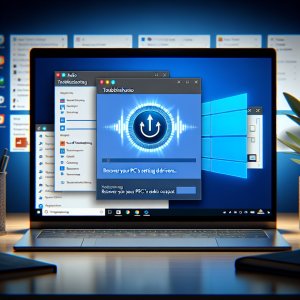 La imagen debe ser una captura de pantalla de una computadora portátil o de escritorio que muestre la interfaz de Windows 11 en la pantalla. En el centro debe haber una ventana de solución de problemas de audio en la que se esté ejecutando el asistente de solución de problemas de sonido. En el fondo, debemos poder ver algunas de las aplicaciones y los íconos del menú de inicio de Windows 11. El enfoque principal debe ser la ventana de solución de problemas de sonido, por lo que podría resaltarse o tener un sombreado alrededor para enfocar la atención en esta parte de la imagen. El asistente de solución de problemas debe estar en el proceso de escaneo o configuración de los drivers, lo cual se puede indicar con una barra de progreso o un ícono de carga. En la parte inferior derecha de la imagen, puede haber una ventana emergente de la configuración de sonido con algunos ajustes desactivados o grises para mostrar que hay un problema que se está solucionando. En la esquina superior derecha de la ventana de solución de problemas, debe haber un recuadro con el mensaje "Recuperar la salida de audio en tu PC" para indicar el objetivo de la solución de problemas. La imagen debe ser de alta calidad y fotorealista, representando el aspecto moderno y las capacidades avanzadas de Windows 11.