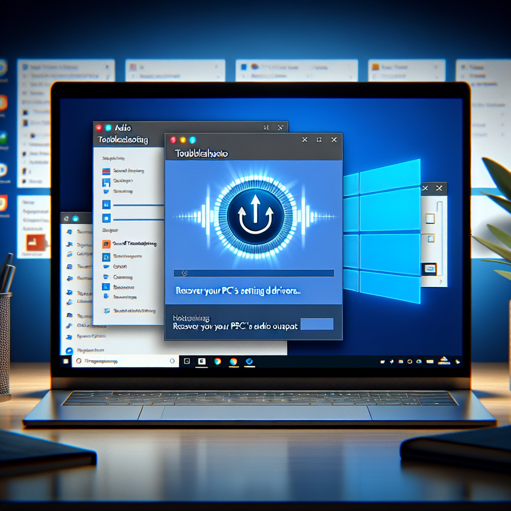 La imagen debe ser una captura de pantalla de una computadora portátil o de escritorio que muestre la interfaz de Windows 11 en la pantalla. En el centro debe haber una ventana de solución de problemas de audio en la que se esté ejecutando el asistente de solución de problemas de sonido. En el fondo, debemos poder ver algunas de las aplicaciones y los íconos del menú de inicio de Windows 11. El enfoque principal debe ser la ventana de solución de problemas de sonido, por lo que podría resaltarse o tener un sombreado alrededor para enfocar la atención en esta parte de la imagen. El asistente de solución de problemas debe estar en el proceso de escaneo o configuración de los drivers, lo cual se puede indicar con una barra de progreso o un ícono de carga. En la parte inferior derecha de la imagen, puede haber una ventana emergente de la configuración de sonido con algunos ajustes desactivados o grises para mostrar que hay un problema que se está solucionando. En la esquina superior derecha de la ventana de solución de problemas, debe haber un recuadro con el mensaje "Recuperar la salida de audio en tu PC" para indicar el objetivo de la solución de problemas. La imagen debe ser de alta calidad y fotorealista, representando el aspecto moderno y las capacidades avanzadas de Windows 11.