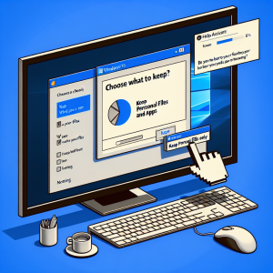 La imagen debe contar con un monitor de computadora mostrando la pantalla de inicio de instalación de Windows 10. Dentro de la pantalla, habría una ventana emergente que indica "Elija qué conservar: Conservar archivos personales y aplicaciones, Conservar solo archivos personales, y Nada". El cursor del mouse debe estar seleccionando la opción "Conservar solo archivos personales". Además, en la parte inferior de la imagen, habría una barra de progreso mostrando el formateo en curso alrededor del 50%. En la esquina superior derecha de la imagen, habría una pequeña caja de chat abierta con texto que indica: "Asistente de ayuda: Asegúrate de respaldar tus archivos antes de formatear". Esta descripción visual representa el proceso de formatear un sistema Windows mientras se garantiza que los datos personales del usuario no se pierdan en el proceso.