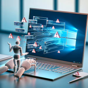 Como diseñador de dallle3, para representar el título "¿Cómo solucionar fallos de compatibilidad de software en Windows?" en una imagen fotorealista, crearía el siguiente concepto: La imagen principal será una computadora portátil con la pantalla que muestre el emblemático fondo de pantalla de Windows. En la pantalla, añadiría un par de ventanas emergentes flotantes, que representen los errores de compatibilidad de software. Estas ventanas de error tendrían signos de exclamación rojos y mensajes de error de compatibilidad. En frente de la computadora colocaré una figura simbólica de un trabajador de soporte técnico, que podría ser una figura metáforica, como un pequeño robot, o incluso simplemente unas manos en el teclado. El trabajador o las manos estarán activamente solucionando los problemas, como se indicará mediante líneas dinámicas y posiblemente alguna interfaz holográfica flotante con código o interfaces de software. Detrás de todos estos elementos, habrá un fondo suave y desenfocado para no distraer la atención del tema principal. Podría ser un escritorio limpio y minimalista o una oficina genérica. El esquema de color sería típico de Windows, con azules, blancos y grises prominentes, resaltado con los rojos suaves de las alertas de error y los verdes de la interfaz de resolución de problemas. Esta imagen comprenderá tanto el problema (errores de compatibilidad de software en Windows) como la solución (el trabajador o las manos solucionando los errores activamente).