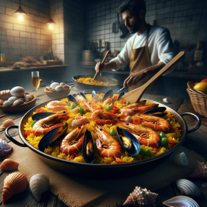 "Dalle3, necesito que crees una imagen fotorealista que represente el título "Cómo hacer una paella de mariscos perfecta". Pienso en una imagen dominante de la paella de mariscos. En primer plano, la paella repleta de mariscos, arroz amarillo azafranado, atractivamente dispuesto, fresco y vibrante con diferentes colores de mariscos. Quizás puede ver un chef en el fondo, mezclando la paella con una espátula de madera en una cocina española. Por favor, haz que la imagen sea vibrante y atractiva, invitando a la vista, para reflejar el sabor icónico y delicioso de este plato español. Captura el aspecto perfecto del platillo, como si estuviera recién sacado del fuego, humeante y listo para servir."