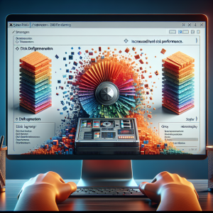 Para este prompt, visualizo una imagen que encapsula una pantalla de ordenador con el sistema operativo Windows y el software de desfragmentación de disco en ejecución. La imagen debe empezar mostrando una representación del escritorio de Windows de fondo. En primer plano podría aparecer una ventana de "Herramientas del sistema" abierta, específicamente en la pestaña de "Desfragmentador de disco". Esta ventana debe mostrar un disco duro siendo desfragmentado. Para representar esto, podría utilizarse una fragmentación visual, transformando el disco de un estado 'desordenado' a un estado 'organizado'. Puede haber una barra de progreso a medio camino, indicando que la desfragmentación está en curso. La mitad inferior de la ventana estaría llena de 'bloques' de color desordenados o fragmentados, representando datos. Esto ilustraría los datos antes de la desfragmentación. La mitad superior mostraría los 'bloques' de color ordenados y compactos, representando los datos después de la desfragmentación. Adicionalmente, podría incluirse una leyenda clave sobre el "Rendimiento del disco duro aumentado" para resaltar los beneficios de la desfragmentación. En cuanto a los detalles técnicos, asegúrate de que la imagen tenga una iluminación suave y realista, y que los colores sean coherentes con la propia estética de Windows, con azules y grises claros. Por último, el estilo de la imagen debe ser lo más realista posible para mantener el carácter fotorealista.