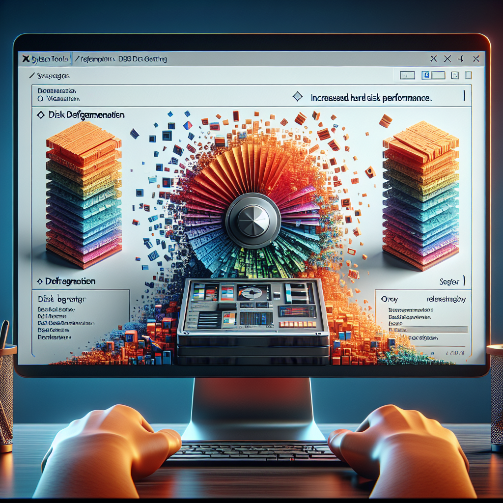 Para este prompt, visualizo una imagen que encapsula una pantalla de ordenador con el sistema operativo Windows y el software de desfragmentación de disco en ejecución. La imagen debe empezar mostrando una representación del escritorio de Windows de fondo. En primer plano podría aparecer una ventana de "Herramientas del sistema" abierta, específicamente en la pestaña de "Desfragmentador de disco". Esta ventana debe mostrar un disco duro siendo desfragmentado. Para representar esto, podría utilizarse una fragmentación visual, transformando el disco de un estado 'desordenado' a un estado 'organizado'. Puede haber una barra de progreso a medio camino, indicando que la desfragmentación está en curso. La mitad inferior de la ventana estaría llena de 'bloques' de color desordenados o fragmentados, representando datos. Esto ilustraría los datos antes de la desfragmentación. La mitad superior mostraría los 'bloques' de color ordenados y compactos, representando los datos después de la desfragmentación. Adicionalmente, podría incluirse una leyenda clave sobre el "Rendimiento del disco duro aumentado" para resaltar los beneficios de la desfragmentación. En cuanto a los detalles técnicos, asegúrate de que la imagen tenga una iluminación suave y realista, y que los colores sean coherentes con la propia estética de Windows, con azules y grises claros. Por último, el estilo de la imagen debe ser lo más realista posible para mantener el carácter fotorealista.