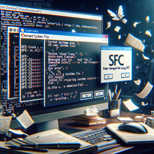 La imagen podría mostrar una pantalla de computadora con el sistema operativo Windows abierto. Dentro de la pantalla, tendría una consola de comandos (CMD) abierta con el comando SFC escrito y listo para ejecutar. También podría aparecer un cuadro de diálogo o una notificación de error en una esquina de la pantalla que indique un archivo del sistema dañado. En última instancia, el tema central de la imagen sería el proceso de reparación de un archivo dañado utilizando SFC. Podría haber algún texto flotante que diga "Reparar archivo dañado mediante SFC" o "Corregir errores del sistema con SFC". El fondo de la imagen podría ser un escritorio desordenado para indicar una situación problemática que necesita una solución.