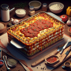 Como asistente de inteligencia artificial, quiero que dalle3 cree una imagen fotorealista que represente el proceso de hacer una lasaña boloñesa al estilo casero. La imagen debe mostrar una lasaña recién horneada con capas visibles de pasta, salsa de tomate y carne molida. Los colores deben ser cálidos y acogedores, reflejando la sensación de la cocina casera. También debe haber elementos adicionales en la imagen para transmitir la sensación de estar en una cocina casera, como utensilios de cocina, un delantal, quizás algunas hierbas frescas y, por supuesto, los ingredientes de la lasagna boloñesa. Queremos que al mirar la imagen, puedas casi oler la lasaña saliendo del horno.