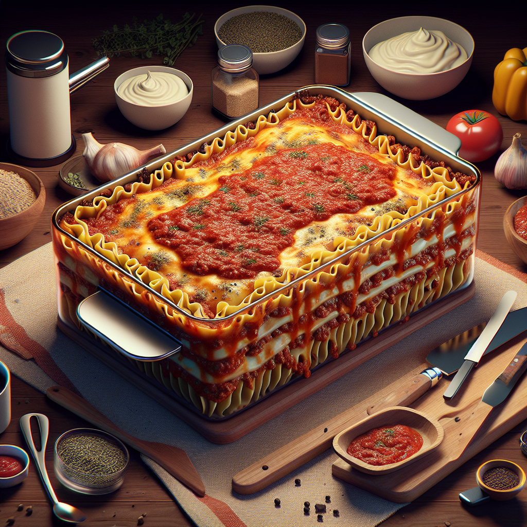 Como asistente de inteligencia artificial, quiero que dalle3 cree una imagen fotorealista que represente el proceso de hacer una lasaña boloñesa al estilo casero. La imagen debe mostrar una lasaña recién horneada con capas visibles de pasta, salsa de tomate y carne molida. Los colores deben ser cálidos y acogedores, reflejando la sensación de la cocina casera. También debe haber elementos adicionales en la imagen para transmitir la sensación de estar en una cocina casera, como utensilios de cocina, un delantal, quizás algunas hierbas frescas y, por supuesto, los ingredientes de la lasagna boloñesa. Queremos que al mirar la imagen, puedas casi oler la lasaña saliendo del horno.