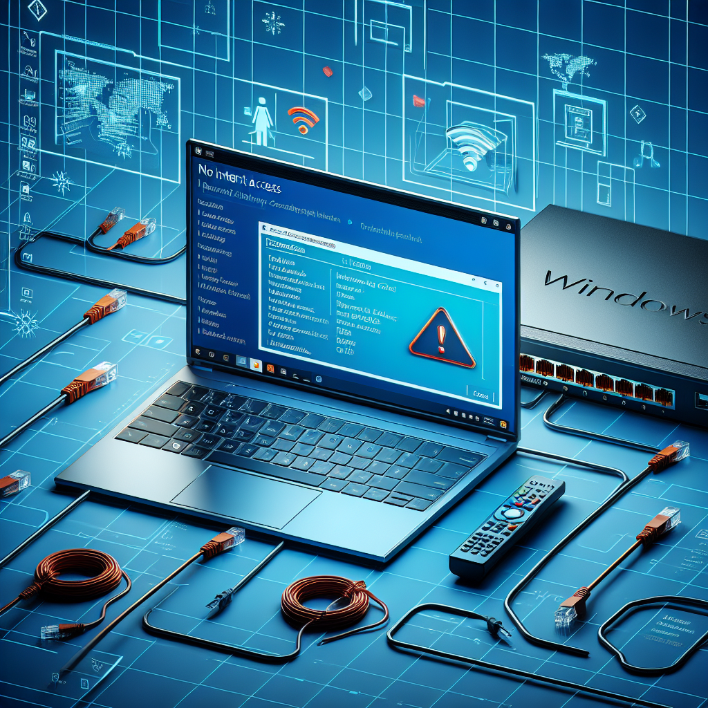 La imagen tendrá un enfoque en un ordenador portátil con el sistema operativo Windows, mostrando una pantalla de diagnóstico de problemas de conexión a Internet. La pantalla mostrará una indicación de ningún acceso a Internet y justo al lado de eso el icono del menú de inicio de Windows para enfatizar el sistema operativo utilizado. Además, en primer plano se verán algunos cables de red desconectados para simbolizar el problema de conexión y un router, demostrando que se está trabajando en la configuración del mismo para solucionar la conexión. Por otro lado, se verán resaltadas las teclas de adaptadores de red en el teclado para representar la acción de comprobarlos en caso de problemas de conexión a Internet. Las palabras clave como "problema", "conexión", "Internet" y "Windows" pueden aparecer en la esquina superior de la imagen para reforzar el mensaje. El tono en general será azul, como el logotipo y tema de Windows, pero con toques de rojo para indicar el estado de 'problema' de la conexión a Internet.