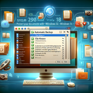 La imagen debe representar una pantalla de una computadora con el sistema operativo Windows 10. La mayor parte de la pantalla mostrará una ventana abierta de Windows con la herramienta de "Historial de Archivos" visible, indicando que está en proceso de realizar un respaldo automático de archivos. En la pantalla se pueden ver claramente palabras como "Respaldo Automático" y "Historial de Archivos". También pueden haber miniaturas de varios documentos, indicando que están siendo respaldados. En la parte inferior de la pantalla cerca del menú de inicio de Windows, se pueden incluir iconos de archivos de Word y Excel, mostrando la variedad de documentos que se están respaldando. Además, se debe incluir un banner o cinta semi-transparente en la esquina inferior de la imagen con el texto, "Protege tus documentos con la herramienta de historial de archivos en Windows 10", agregando una capa explicativa a la imagen. La imagen debe tener colores claros y nítidos, y los elementos gráficos deben ser altamente detallados para un aspecto fotorealista. También es importante asegurarse de que la imagen no esté demasiado abarrotada, tenga un aspecto limpio y profesional para facilitar la interpretación de la información visual.