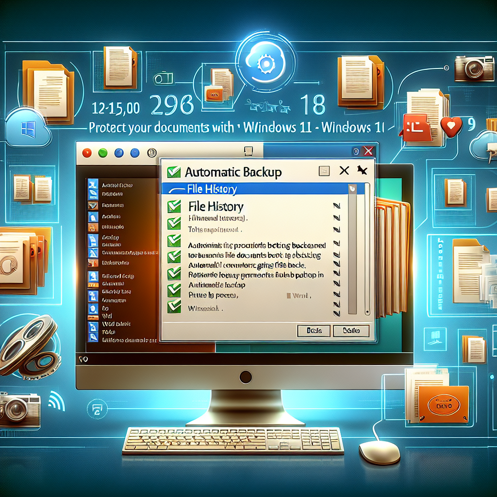 La imagen debe representar una pantalla de una computadora con el sistema operativo Windows 10. La mayor parte de la pantalla mostrará una ventana abierta de Windows con la herramienta de "Historial de Archivos" visible, indicando que está en proceso de realizar un respaldo automático de archivos. En la pantalla se pueden ver claramente palabras como "Respaldo Automático" y "Historial de Archivos". También pueden haber miniaturas de varios documentos, indicando que están siendo respaldados. En la parte inferior de la pantalla cerca del menú de inicio de Windows, se pueden incluir iconos de archivos de Word y Excel, mostrando la variedad de documentos que se están respaldando. Además, se debe incluir un banner o cinta semi-transparente en la esquina inferior de la imagen con el texto, "Protege tus documentos con la herramienta de historial de archivos en Windows 10", agregando una capa explicativa a la imagen. La imagen debe tener colores claros y nítidos, y los elementos gráficos deben ser altamente detallados para un aspecto fotorealista. También es importante asegurarse de que la imagen no esté demasiado abarrotada, tenga un aspecto limpio y profesional para facilitar la interpretación de la información visual.