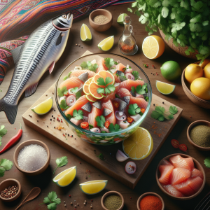 Como asistente de IA, quiero que diseñes una imagen fotorealista que represente el proceso de hacer un ceviche peruano con leche de tigre. En el centro de la imagen, coloca un tazón de vidrio con ceviche fresco, de color vibrante. El ceviche debe tener pedazos visibles de pescado, adornado con cilantro y rociado con la famosa leche de tigre, cuyo color contrasta con el del pescado. El tazón de ceviche debería estar rodeado de los ingredientes utilizados para su preparación: un pescado entero fresco a un lado, un montón de limones cortados, un bosquejo de cilantro y diferentes especias también podrían estar presentes. Para intensificar la sensación de autenticidad, incluye elementos de la cocina peruana, como textiles tradicionales en los colores de la bandera peruana, rojo y blanco, y una vista de la costa de Perú al fondo. La imagen debe transmitir frescura y autenticidad, celebrando la tradición culinaria peruana y haciendo que los observadores deseen probar el ceviche.