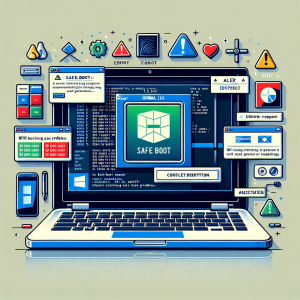 La imagen debería mostrar una pantalla de computadora portátil en un fondo neutro para mantener el enfoque en la pantalla. Puede mostrar la interfaz de usuario de Windows en la pantalla con una opción de arranque seguro seleccionada o resaltada. Además, puede haber un pequeño cuadro de texto en la pantalla que indique que este proceso ayudará a identificar conflictos. Para ilustrar más claramente, la imagen podría estar dividida en dos mitades. En una mitad, muestra el proceso normal de arranque y los posibles errores o conflictos que puedan surgir, representados por los iconos de alerta o error. Y en la otra mitad, muestra cómo el proceso de arranque seguro se lleva a cabo sin errores y de manera eficiente. Esto ayudaría a transmitir la idea de cómo el arranque seguro puede ayudar a identificar y resolver conflictos. Además, elementos como el logotipo de Windows y las pantallas azules, que son comúnmente asociadas con los problemas de arranque, también pueden ser utilizados en la composición para reforzar más la temática. En términos de color, se pueden usar los colores clásicos de Windows - azul, verde, rojo y amarillo - junto con el blanco y el negro para una mejor legibilidad. La imagen debe ser limpia y profesional, para transmitir la seriedad del tema.