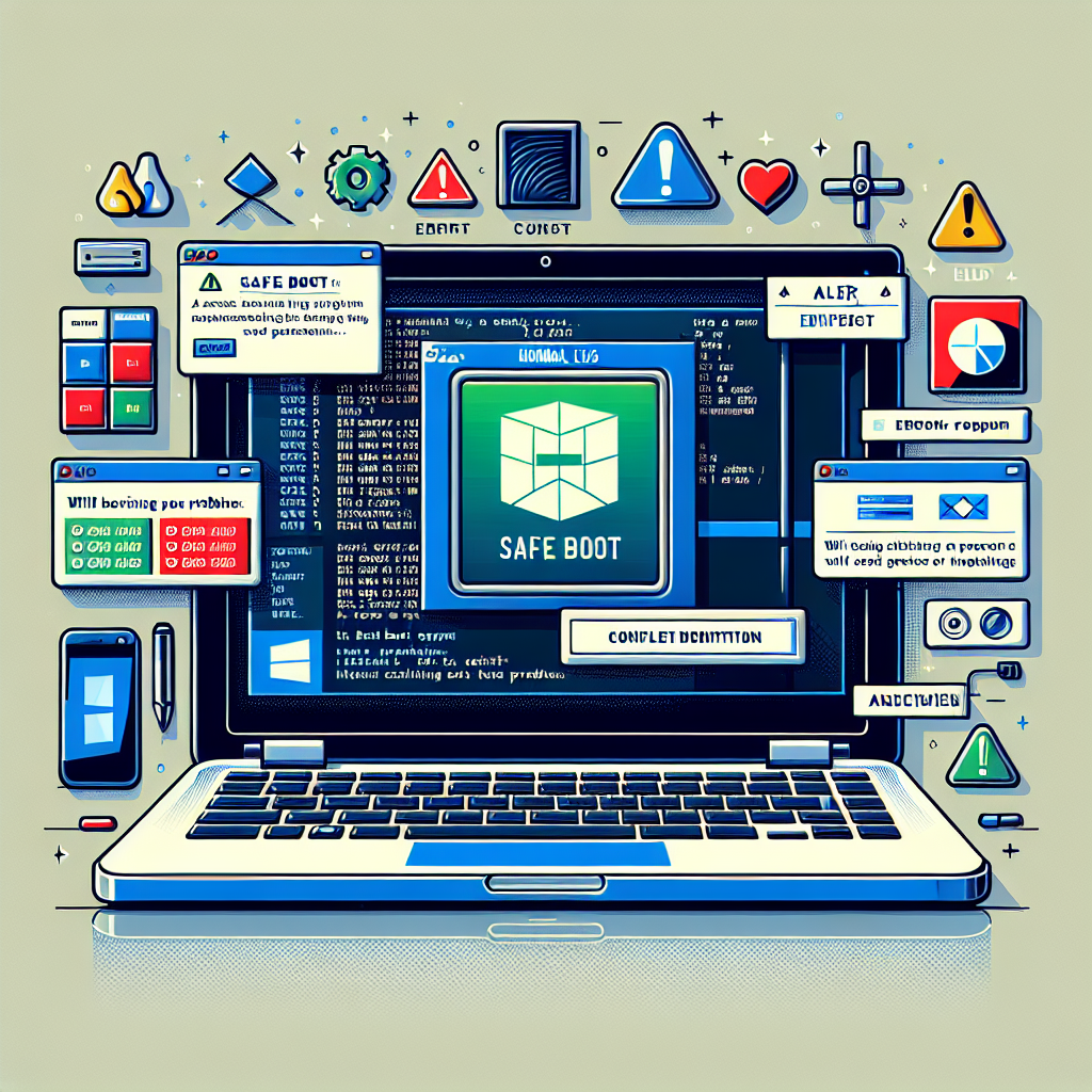 La imagen debería mostrar una pantalla de computadora portátil en un fondo neutro para mantener el enfoque en la pantalla. Puede mostrar la interfaz de usuario de Windows en la pantalla con una opción de arranque seguro seleccionada o resaltada. Además, puede haber un pequeño cuadro de texto en la pantalla que indique que este proceso ayudará a identificar conflictos. Para ilustrar más claramente, la imagen podría estar dividida en dos mitades. En una mitad, muestra el proceso normal de arranque y los posibles errores o conflictos que puedan surgir, representados por los iconos de alerta o error. Y en la otra mitad, muestra cómo el proceso de arranque seguro se lleva a cabo sin errores y de manera eficiente. Esto ayudaría a transmitir la idea de cómo el arranque seguro puede ayudar a identificar y resolver conflictos. Además, elementos como el logotipo de Windows y las pantallas azules, que son comúnmente asociadas con los problemas de arranque, también pueden ser utilizados en la composición para reforzar más la temática. En términos de color, se pueden usar los colores clásicos de Windows - azul, verde, rojo y amarillo - junto con el blanco y el negro para una mejor legibilidad. La imagen debe ser limpia y profesional, para transmitir la seriedad del tema.