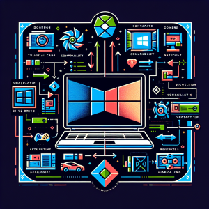La imagen se dividirá en dos áreas principales. En el lado izquierdo, se muestra una computadora portátil de escritorio con el logotipo de Windows 10 en la pantalla para simbolizar la PC con Windows 10 mencionada en el título. La computadora portátil debería estar abierta y funcionando, mostrando una pantalla de configuración. En el lado derecho, se destaca una representación visual de DirectX 12 para simbolizar la compatibilidad. Podría ser el logotipo oficial de DirectX 12. Entre las dos áreas, pueden haber flechas o líneas de conexión que indiquen un proceso o progreso representando la actualización y configuración del driver para la compatibilidad con DirectX 12. En la parte inferior de la imagen, puede haber una barra con íconos de controladores gráficos y juegos modernos. Algunos de los íconos podrían ser tarjetas gráficas o videojuegos populares. Los colores de la imagen deben ser vivos para indicar la capacidad de la PC para manejar gráficos de alta calidad gracias a DirectX 12. Asegúrese de que la imagen represente claramente el proceso de hacer que una PC con Windows 10 sea compatible con DirectX 12, pero sin sobrecargarla con demasiados elementos. Queremos que sea simple pero informativa.