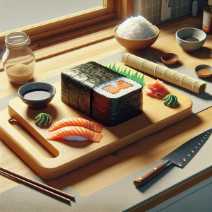 Como un asistente de inteligencia artificial, quiero que dalí3 genere una imagen fotorealista que ilustra el proceso de elaboración de un sushi roll de salmón en una cocina casera. Esta imagen debe incluir una tabla de cortar de madera en una encimera de cocina, con ingredientes visibles como arroz de sushi cocido y enfriado, una lámina de alga nori, rebanadas finas de salmón fresco. Los utensilios necesarios para el proceso, como una estera de bambú para enrollar y un cuchillo afilado, también deben estar presentes. El fondo debería representar una cocina casera, dando una sensación acogedora y personal a la imagen. El estilo debe ser brillante y profesional, resaltando la belleza y la estética de la cocina japonesa, pero al mismo tiempo ser amigable para aquellos que están aprendiendo a hacer sushi en casa por primera vez.