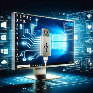 La imagen debe destacar una pantalla de computadora con una unidad USB conectada y una interfaz de Windows 11 visible en el fondo. El sistema operativo muestra claramente que se está instalando un nuevo hardware y quizás idintifique y corrigiendo errores en los puertos USB, lo cual se puede notar en un cuadro de diálogo en la pantalla. En segundo plano debe haber clara evidencia de que se está utilizando Windows 11, posiblemente con su respectivo logo y características visuales singulares. Además, se debe iluminar la unidad USB para indicar que es el centro de interés de la imagen. Por último, puede haber iconos o anotaciones que sugieran pasos a seguir para lograr que Windows 11 reconozca las unidades USB.