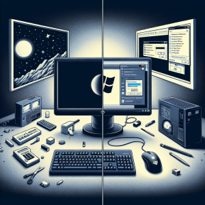 Para representar el título "Cómo solucionar la pantalla negra al iniciar sesión en Windows", la imagen debe ser un conjunto de elementos relacionados con el tema. Lo importante es evocar una sensación de problema y solución en lo que respecta a los problemas de la pantalla negra de Windows. Un posible diseño sería dividir la imagen en dos partes. La mitad izquierda de la imagen muestra una pantalla de computadora completamente negra simbolizando el problema. En esta pantalla negra, podemos ver el ratón del computador en señal de que estaban intentando acceder pero no pueden. En la mitad derecha, muestra una pantalla de computadora con el sistema Windows iniciando correctamente y debajo se ve una caja de herramientas abierta para implicar la solución del problema. Es importante que en esta pantalla se vea claramente que es Windows para dar a entender que se solucionó el problema inicial. Si es posible, también se puede mostrar en la pantalla una ventana de diálogo de Restauración del Sistema de Windows. Esas son las piezas clave para representar visualmente este título.