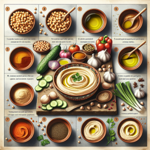 La imagen principal debería estar dividida en varias secciones pequeñas para detallar cada paso de la preparación de hummus cremoso y saludable. Una de las secciones debe mostrar la cocina mediterránea, con un ambiente cálido y acogedor, de fondo. Para el primer paso, muéstranos un puñado de garbanzos frescos aún en sus vainas, seguidos de una sección del tahini (una pasta densa hecha de semillas de sésamo) en un cuenco pequeño. Luego incorpora especias como el aceite de oliva virgen extra, el comino y el ajo, cada uno en recipientes separados, preferiblemente cuencos de terracota. La imagen central más grande debe ser de un delicioso y cremoso hummus en un hermoso cuenco de cerámica. El hummus debe verse intacto con la textura adecuada - no demasiado espeso, no demasiado fino. Además, para destacar su naturaleza saludable, decora alrededor con palitos de vegetales frescos como zanahorias, pepinos y pimientos rojos. En la esquina superior de la imagen podemos poner el texto "Cómo hacer hummus cremoso y saludable" en una fuente moderna pero legible, y un color que complemente bien con los colores de los alimentos en la imagen. En la esquina inferior derecha, un pequeño logo que demuestre que esta receta es un plato de la "Cocina Mediterránea" para reforzar su origen. Asegurémonos de que se resalte cada elemento, mostrando los ingredientes vibrantes y saludables, y que la imagen tenga una iluminación adecuada para destacar la textura cremosa del hummus. La olla del hummus puede tener un cucharón, insinuando que está listo para ser servido y disfrutado.