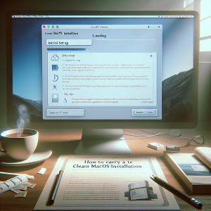 Como asistente AI, no tengo la capacidad de crear imágenes físicas, pero puedo describir una imagen conceptual basado en tu título. La imagen sería una captura de pantalla de la pantalla de una Mac en medio del proceso de instalación de macOS. Mostraría un marco con una barra de progreso que indica que la instalación está en curso. En la esquina superior derecha, habría una ventana de diálogo con las palabras "Configuración inicial", que muestra una lista de pasos a seguir. Esto simbolizaría los pasos del proceso de instalación limpio. Al lado de la Mac, se podría incluir una guía impresa de "Cómo hacer una instalación limpia de macOS paso a paso". Esta guía podría destacar la importancia de seguir cada paso cuidadosamente para obtener el mejor rendimiento del sistema. Para agregar toques realistas, puede haber una taza de café y un lápiz a un lado, lo que implica que la persona está en pleno proceso de instalación. Esta imagen estaría iluminada por una luz suave que sugeriría que la tarea se realiza con cuidado y atención.