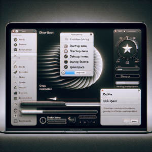 La imagen consistirá en una pantalla dividida en tres secciones representando diferentes etapas de la solución del problema. 1. En la primera sección, muestra un MacBook con una pantalla de arranque en negra con una barra de progreso que avanza lentamente, simbolizando el problema de arranque lento. 2. En la segunda sección, una ventana emergente abierta de la configuración del sistema del Mac mostrará la sección de "ítems de inicio". Algunos ítems están marcados para ser desactivados. 3. En la última sección, una barra de estado mostrando el espacio en disco y una ventana emergente de notificación indicará que se está liberando espacio. Los detalles relevantes de macOS y el logotipo de Apple estarán presentes para asegurarnos de que la representación es clara. La imagen tendrá un aspecto claramente tecnológico y moderno, fiel al diseño minimalista de las interfaces de usuario de Apple. Todo será fotorealista, con una luz suave que refleje la estética limpia y profesional del mundo Apple.