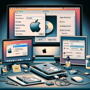 La imagen presenta una pantalla de Mac con varias ventanas abiertas. En el primer plano, hay un cuadro de diálogo de preferencias del sistema de MacOS con la sección 'Discos' resaltada. Justo al lado, una ventana de 'Utilidad de Discos' está abierta, mostrando la opción de 'Reparar permisos' y 'Verificar particiones'. En un segundo plano, el dispositivo de disco duro externo está conectado a la Mac pero, paradójicamente, con un icono semi-transparente, simbolizando su estado no reconocido. Se puede ver una opción de 'Finder' en el menú superior pero sin el nombre del disco duro que se supone que debería ser reconocido. La imagen en general ilustra el proceso de hacer que MacOS reconozca un disco duro que no aparece de la forma más fotorealista posible.