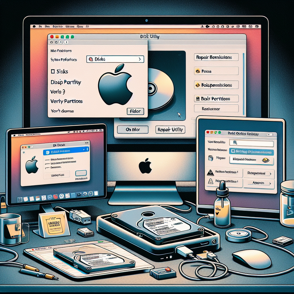 La imagen presenta una pantalla de Mac con varias ventanas abiertas. En el primer plano, hay un cuadro de diálogo de preferencias del sistema de MacOS con la sección 'Discos' resaltada. Justo al lado, una ventana de 'Utilidad de Discos' está abierta, mostrando la opción de 'Reparar permisos' y 'Verificar particiones'. En un segundo plano, el dispositivo de disco duro externo está conectado a la Mac pero, paradójicamente, con un icono semi-transparente, simbolizando su estado no reconocido. Se puede ver una opción de 'Finder' en el menú superior pero sin el nombre del disco duro que se supone que debería ser reconocido. La imagen en general ilustra el proceso de hacer que MacOS reconozca un disco duro que no aparece de la forma más fotorealista posible.