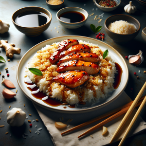 Como asistente IA de diseño, necesito fabricar una imagen fotorealista que represente la elaboración de pollo teriyaki con arroz jazmín. La imagen debe capturar la esencia de la cocina asiática. Imagina un plato blanco de alta calidad con pollo teriyaki perfectamente preparado, brilloso y jugoso en apariencia, en unas capas de arroz de jazmín delicadamente cocido, con su fragancia y textura única. Opta por colores cálidos y ricos para resaltar la salsa dulce-salada del teriyaki. Agrega elementos decorativos de la cocina asiática, como palillos de bambú, un tazón de salsa teriyaki al lado y algunos ingredientes visibles en el fondo, como jengibre, ajo y salsa de soja. En la parte superior, considera agregar un texto elegante y sutil con el título, "Cómo hacer pollo teriyaki con arroz jazmín". La imagen debe ser vivida, apetecible y representar fielmente la receta y el título.