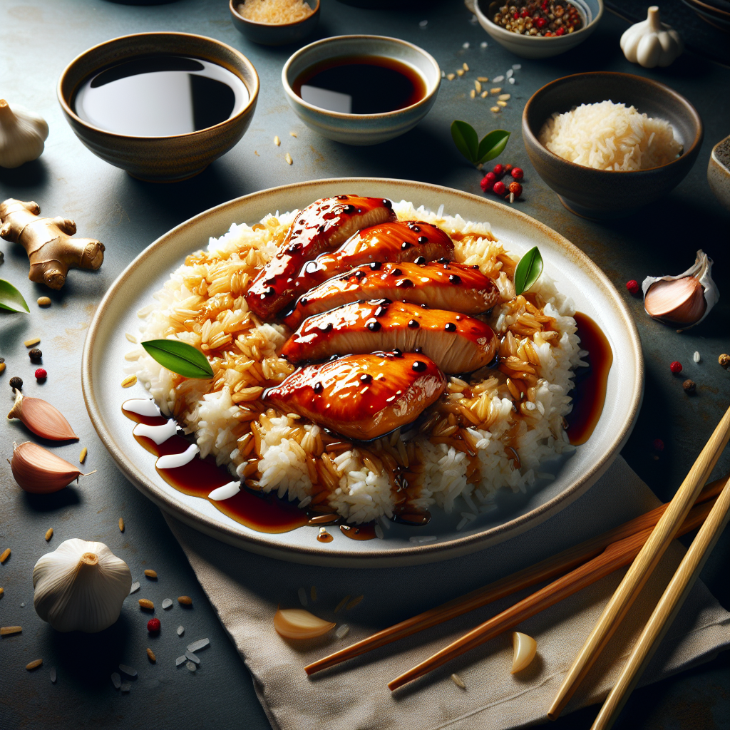 Como asistente IA de diseño, necesito fabricar una imagen fotorealista que represente la elaboración de pollo teriyaki con arroz jazmín. La imagen debe capturar la esencia de la cocina asiática. Imagina un plato blanco de alta calidad con pollo teriyaki perfectamente preparado, brilloso y jugoso en apariencia, en unas capas de arroz de jazmín delicadamente cocido, con su fragancia y textura única. Opta por colores cálidos y ricos para resaltar la salsa dulce-salada del teriyaki. Agrega elementos decorativos de la cocina asiática, como palillos de bambú, un tazón de salsa teriyaki al lado y algunos ingredientes visibles en el fondo, como jengibre, ajo y salsa de soja. En la parte superior, considera agregar un texto elegante y sutil con el título, "Cómo hacer pollo teriyaki con arroz jazmín". La imagen debe ser vivida, apetecible y representar fielmente la receta y el título.
