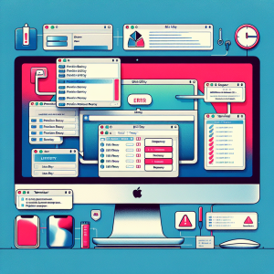 La imagen debe representar de manera visual la solución de errores de permisos en macOS. Podría representarse de la siguiente manera: 1. Inicie con una imagen de fondo de una iMac o MacBook, los dispositivos que comúnmente utilizan macOS. 2. Encima del dispositivo, muestre una pantalla dividida en dos partes. En una parte, muestre el programa 'Utilidad de Discos' con una serie de menús desplegables y opciones seleccionadas que indiquen la reparación de permisos. En la otra parte, muestre la 'Terminal', con comandos escritos que también indiquen la reparación de permisos. 3. Para indicar un error, podría incluir un ícono de exclamación roja o un mensaje de error en un cuadro de diálogo en un lugar de la pantalla del dispositivo. 4. En la parte inferior de la imagen, añada una línea de texto o etiqueta que diga "Solucionando errores de permisos en macOS utilizando Utilidad de Discos y Terminal". Recuerda que los colores, tipografías y estilos deben ser afines a los utilizados por Apple para darle un aspecto profesional y coherente. Nota: Como asistente de IA, no puedo crear visualmente la imagen, pero estos son pasos sugeridos para diseñar una sobre el tema dado.