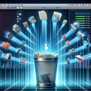 La imagen será una combinación del escritorio de un Mac y una representación visual de la limpieza de archivos. En el fondo, se mostrará la pantalla de un Mac con varias carpetas y archivos abiertos. De estas carpetas, varias líneas o vigas de luz (azul y blanco) emanan, reuniéndose en un punto central en el que hay un icono de un cubo de basura. Este icono resplandeciente representa la eliminación de archivos innecesarios. En el primer plano, se muestra un cursor del Mac haciendo click en el icono del cubo de basura. Además, habrá iconos de archivos de diferentes tipos (documento, imagen, música) volando hacia el cubo, indicando la eliminación de archivos innecesarios. Para indicar la mejora de rendimiento tras la limpieza, se mostrará un medidor de rendimiento o un gráfico en la esquina superior derecha de la pantalla del Mac que muestra un aumento notable. Para resaltar más el tema central, se puede añadir un brillo a la pantalla del Mac, que irradia desde el icono del cubo de basura. Esta combinación de elementos representa adecuadamente la limpieza de archivos innecesarios en Mac, la liberación de espacio y la mejora del rendimiento.