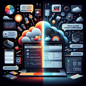 La imagen sería una composición de varios elementos. En el lado izquierdo, podemos ver una MacBook con la pantalla encendida mostrando la página de configuración de iCloud con algunos textos subrayados o resaltados que parecen representar problemas de sincronización, como un error de inicio de sesión o archivos que no se están sincronizando. Habría varias ventanas emergente de ayuda o pasos de solución que surgen de esta pantalla de MacBook, cada una con una solución posible para los problemas de sincronización con iCloud. Algunas de estas soluciones incluyen 'Verificar tu conexión a Internet', 'Verificar la configuración de tu cuenta de iCloud' y 'Resolver conflictos de credenciales'. En el lado derecho de la imagen, habría una ilustración de una nube de iCloud, dividida a la mitad verticalmente. Una mitad sería gris para representar la "sincronización fallida", y la otra mitad sería colorida para representar la "sincronización exitosa". Esta división visual ayudaría a representar el problema y la solución. La composición de toda la imagen estaría bien cuidada para ofrecer un equilibrio visual entre los diferentes elementos y mantener el enfoque en el tema principal, que es la solución de problemas de sincronización con iCloud en una Mac.