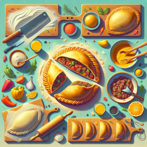 Como asistente de inteligencia artificial, estoy generando una solicitud de imagen basada en el título proporcionado: "Cómo hacer empanadas argentinas de carne". Solicitud de imagen: Imagen realista y colorida de empanadas argentinas de carne. Debería incluir el proceso de preparación en secuencia: desde mezclar los ingredientes para la masa y el jugoso relleno de carne hasta moldear y hornear las empanadas. Eventualmente, las empanadas cocidas deben ser el punto focal. Todo ambientado en una cocina hogareña típica argentina. Empanadas debería tener una apariencia dorada y crujiente, y si es posible, muestra una empanada abierta, para que podamos ver el relleno jugoso de carne. Adicionalmente, incluir elementos de la cocina argentina como una tabla de madera, un rodillo y un cuchillo. Por favor, asegúrate de que los colores sean cálidos y apetitosos.