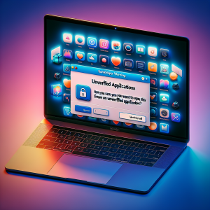 Para esta imagen, deberíamos representar un MacBook como la pieza central. Para indicar el tema de 'aplicaciones no verificadas', podríamos tener una visualización de una caja de diálogo de advertencia de Gatekeeper apareciendo en la pantalla del MacBook. Esto podría tener un mensaje como "¿Está seguro de que desea abrir esta aplicación de un desarrollador no verificado?" Para ilustrar la "ejecución segura", podríamos tener una pequeña imagen de un escudo de seguridad o un icono de candado en la esquina de la caja de diálogo. Para añadir detalles, se podría mostrar un fondo con otros iconos de aplicaciones de Mac, todos con una sombra o borde de color gris para indicar que son 'no verificados'. La imagen debe ser en colores vibrantes para que resulte atractiva, pero con una iluminación suave para mantenerla realista.