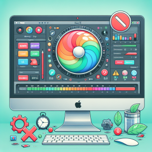 La imagen creada para representar el titulo "¿Cómo solucionar cuelgues en apps de edición de video en Mac?" será una mezcla de símbolos asociados al problema y la solución. En el primer plano de la imagen, colocamos un iMac de Apple con una pantalla que muestra la interfaz de una app de edición de video alzándose. La interfaz está claramente congelada, con una rueda de carga giratoria o la "pelota de playa de la muerte" a todo color, para indicar que la aplicación está colgada. Habrá varios otros elementos en la pantalla del iMac, como pequeños íconos que representan la expansión de la memoria o la liberación de la memoria, quizás íconos de tarjetas SD y unidades flash. También se puede mostrar un icono de extensión con una marca roja para ilustrar la desactivación de extensiones problemáticas. Para enfatizar los métodos de solución, incluiríamos simbolismos asociados con la optimización y solución de problemas, como una barra de progreso de color verde que indica un aumento de rendimiento, un icono de engranaje y llave para simbolizar ajustes y reparaciones. La imagen está envuelta en una paleta de colores suaves y fríos que coinciden con el aspecto general de MacOS, con excepción de la rueda de carga giratoria y la marca de cruz roja, que se destacan en un color más brillante para atraer la atención a los problemas que deben abordarse.