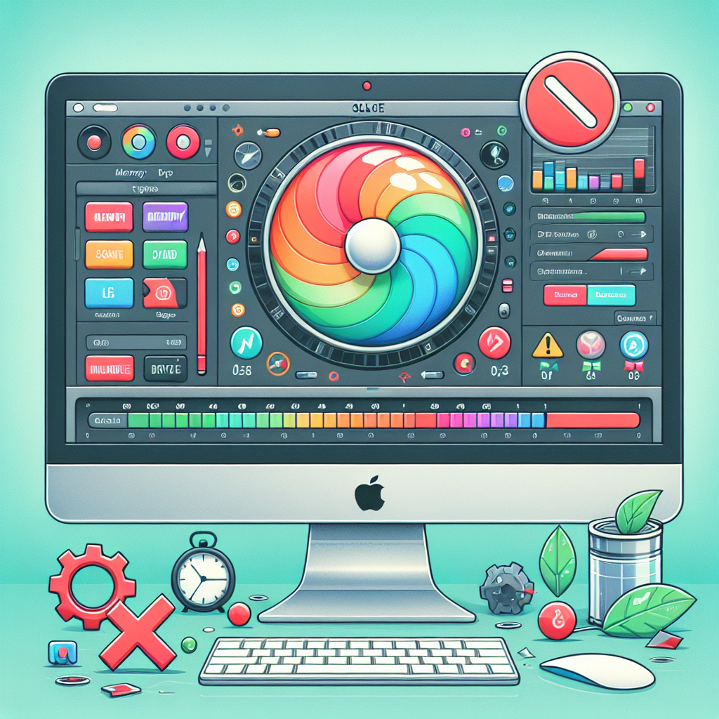 La imagen creada para representar el titulo "¿Cómo solucionar cuelgues en apps de edición de video en Mac?" será una mezcla de símbolos asociados al problema y la solución. En el primer plano de la imagen, colocamos un iMac de Apple con una pantalla que muestra la interfaz de una app de edición de video alzándose. La interfaz está claramente congelada, con una rueda de carga giratoria o la "pelota de playa de la muerte" a todo color, para indicar que la aplicación está colgada. Habrá varios otros elementos en la pantalla del iMac, como pequeños íconos que representan la expansión de la memoria o la liberación de la memoria, quizás íconos de tarjetas SD y unidades flash. También se puede mostrar un icono de extensión con una marca roja para ilustrar la desactivación de extensiones problemáticas. Para enfatizar los métodos de solución, incluiríamos simbolismos asociados con la optimización y solución de problemas, como una barra de progreso de color verde que indica un aumento de rendimiento, un icono de engranaje y llave para simbolizar ajustes y reparaciones. La imagen está envuelta en una paleta de colores suaves y fríos que coinciden con el aspecto general de MacOS, con excepción de la rueda de carga giratoria y la marca de cruz roja, que se destacan en un color más brillante para atraer la atención a los problemas que deben abordarse.