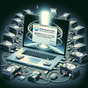Imagen de un Macbook en primer plano con su pantalla encendida, mostrando una pantalla de recuperación del macOS. En medio de la pantalla, hay una ventana emergente de Time Machine que indica "Restaurando tu sistema..." en el proceso. Al rededor de la Mac, varios discos duros externos (usados para las copias de seguridad de Time Machine) están conectados a la mac mediante cables USB. El tiempo y el espacio alrededor del Mac parecen estar "congelados" o en movimiento lento, similar a lo que se vería en una reproducción de una máquina del tiempo, para representar el concepto de "recuperación" y "revertir el tiempo" que implica la restauración del sistema. Pequeño texto en la esquina inferior explica brevemente: "Restauración de sistema en Mac con Time Machine: Recupera tu Mac a un estado anterior mediante copias de seguridad completas."