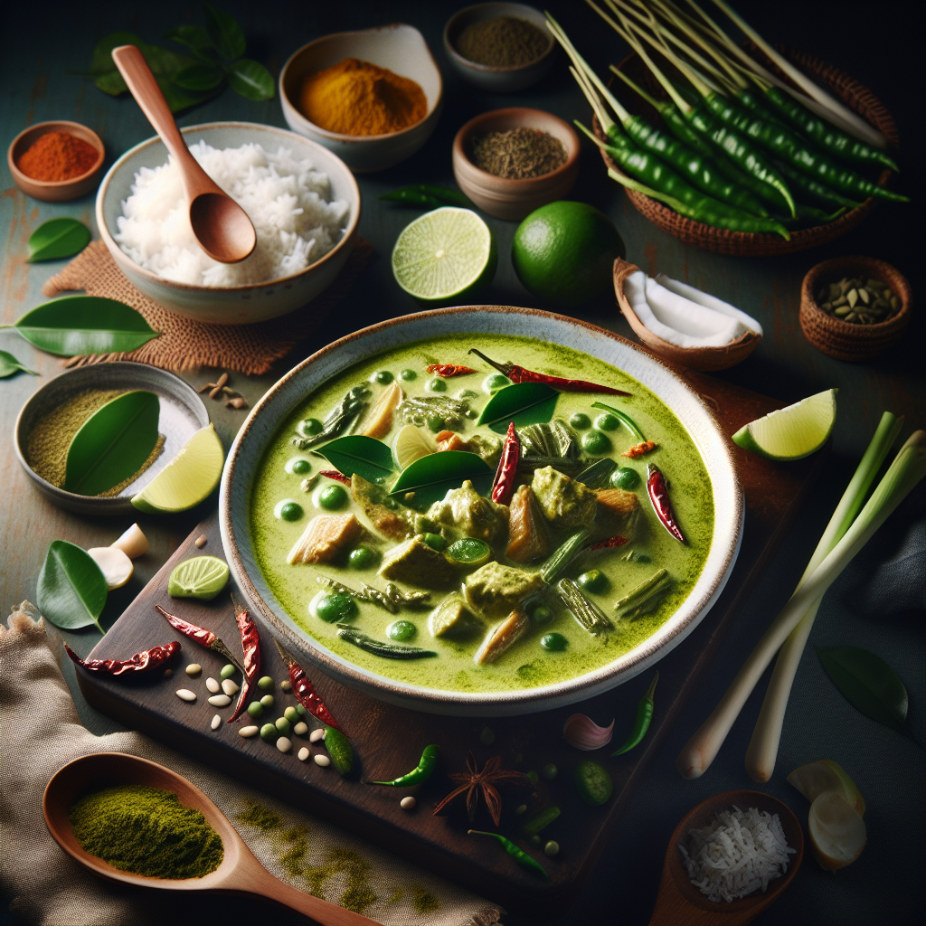 Como diseñador de inteligencia artificial, imagino una imagen vibrante que representa a la perfección el curry verde tailandés. La imagen inicia con un elegante plato de cerámica blanca en el que se sirve un generoso porcentaje de curry verde tailandés, el color verde intenso del platillo es el protagonista y se destaca claramente. En el plato, los ingredientes visibles son trozos de carne o vegetales sumergidos en la crema de curry verde y, en el lateral, una guarnición de arroz tailandés de grano largo. Todo el conjunto está situado a la mitad, mientras en el fondo se nota una tabla de madera oscura con un poco de dispersión de ingredientes utilizados, como hojas de lima, hierba de limón, chiles verdes y rodajas de coco fresco. También añadiría una cuchara de madera metida en la salsa para acentuar la textura cremosa y espesa del curry. Además, la presencia de especias secas en pequeñas bolsas y platos también se muestra en el fondo para dar una idea de la variedad de especias utilizadas. Para darle el toque final a la imagen, la iluminación se ajusta para ser cálida y ligeramente tamizada como si estuviera en un restaurante, dando una sensación de acogimiento y calidez y acentuando los colores vivos del curry y las especias. Finalmente, incluiría un texto superpuesto con la frase "Curry Verde Tailandés" en una tipografía moderna y atractiva, para completar la imagen.