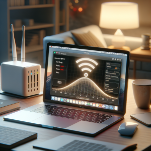 Crearás una imagen que representa un escenario de solución de problemas de Wi-Fi intermitente en Mac. En la imagen, se visualizará una laptop Mac en una mesa con la señal Wi-Fi mostrada en la esquina superior derecha de la pantalla, representada con una señal que fluctúa entre fuerte y débil. Además, se puede representar un menú emergente de las configuraciones del sistema en la pantalla de la Mac, que está en el proceso de reiniciar las configuraciones de red. Junto al Mac, hay un router con luces parpadeantes para simbolizar posibles interferencias. Es importante que todos los dispositivos parezcan realistas. Asegúrate de utilizar una paleta de colores suaves y neutros para que sea amigable para el usuario. También, puedes añadir elementos ambientales sutiles y desenfocados al fondo de la posición de la Mac (como una taza de café, etc.) para dar una sensación de ambiente de trabajo o de casa.