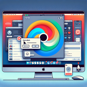 La imagen representará un monitor de una Mac mostrando la pantalla del sistema macOS, con varias aplicaciones abiertas como Safari, iMessage y Mail. Sin embargo, estos programas tienen el cursor sobre ellos con la típica rueda de colores giratoria que indica que el programa no está respondiendo. Un cuadro de diálogo emergente en medio de la pantalla muestra el mensaje "Forzar cierre" para destacar el método sugerido para resolver el problema. También se puede incluir una ventana separada en la parte inferior de la pantalla que muestre el proceso de descarga de una actualización del sistema, indicando el paso adicional para resolver el problema.