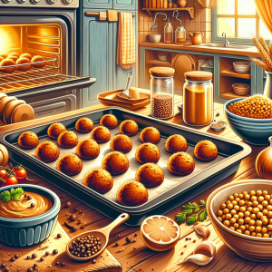 En base al título proporcionado, "¿Cómo hacer falafel crujiente al horno?", la imagen debe mostrar una escena de cocina procesando falafel. Para ser específico, la imagen debe representar una bandeja de horno con falafel crujiente. También se podrían mostrar ingredientes como garbanzos, diversas especias, y un bol con la masa lista para ser formada en bolitas o discos. Como ambiente de fondo, se puede tener una cocina casa con un horno abierto para enfatizar que se trata de un falafel horneado y no frito. Los colores deben ser brillantes y apetitosos para atraer la vista del espectador. En términos del estilo, debe ser realista y altamente detallado para fortalecer la apelación visual y la autenticidad de la preparación de la cocina mediterránea mencionada.