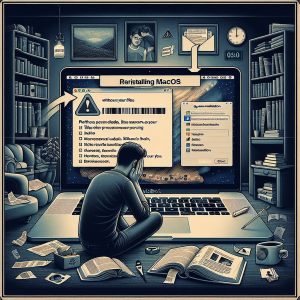La imagen debe representar a un usuario aparentemente preocupado realizando una instalación de macOS en su Macbook. La pantalla de la computadora muestra el proceso de instalación de macOS en marcha para captar la idea de reinstalación. Además, en el borde inferior de la imagen, se pueden colocar algunos iconos simbolizando archivos y carpetas para representar los datos personales del usuario (como fotos, documentos, música) para dar la impresión de que estos datos y archivos se conservan mientras se lleva a cabo la reinstalación del sistema. En la parte superior de la imagen se puede añadir un código de barra, así como un fragmento de texto diciendo "Reinstalación de macOS sin eliminar tus archivos" como referencia al título. Esta sección también puede presentar un tono más oscuro o un filtro para destacar el texto e indicar que es la instrucción principal. En segundo plano, la imagen puede contener una estantería con libros y una taza de café para representar un ambiente de trabajo cómodo y relajado. En conjunto, la imagen transmitirá la idea de un proceso de reinstalación del sistema macOS que es seguro para los datos personales del usuario.