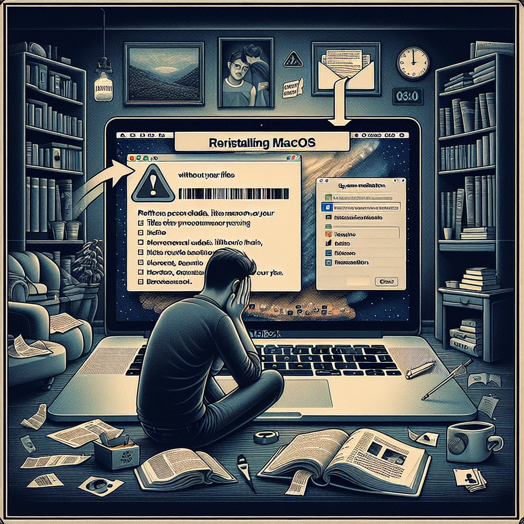 La imagen debe representar a un usuario aparentemente preocupado realizando una instalación de macOS en su Macbook. La pantalla de la computadora muestra el proceso de instalación de macOS en marcha para captar la idea de reinstalación. Además, en el borde inferior de la imagen, se pueden colocar algunos iconos simbolizando archivos y carpetas para representar los datos personales del usuario (como fotos, documentos, música) para dar la impresión de que estos datos y archivos se conservan mientras se lleva a cabo la reinstalación del sistema. En la parte superior de la imagen se puede añadir un código de barra, así como un fragmento de texto diciendo "Reinstalación de macOS sin eliminar tus archivos" como referencia al título. Esta sección también puede presentar un tono más oscuro o un filtro para destacar el texto e indicar que es la instrucción principal. En segundo plano, la imagen puede contener una estantería con libros y una taza de café para representar un ambiente de trabajo cómodo y relajado. En conjunto, la imagen transmitirá la idea de un proceso de reinstalación del sistema macOS que es seguro para los datos personales del usuario.